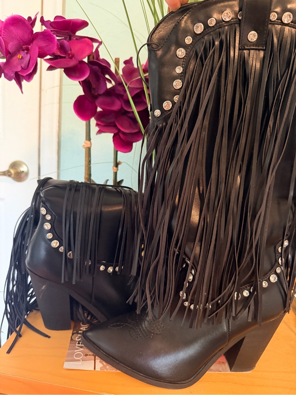 Fashion Nova Black Fringe Studded Heeled Western Boots